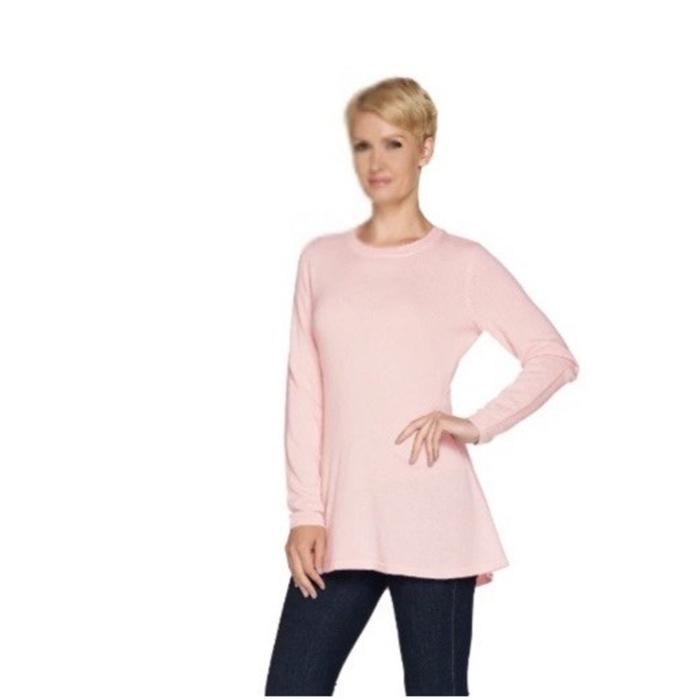 QVC READ Isaac‎ Mizrahi Live! 2-Ply Cashmere Peplum Tunic Sweater Pink Size M